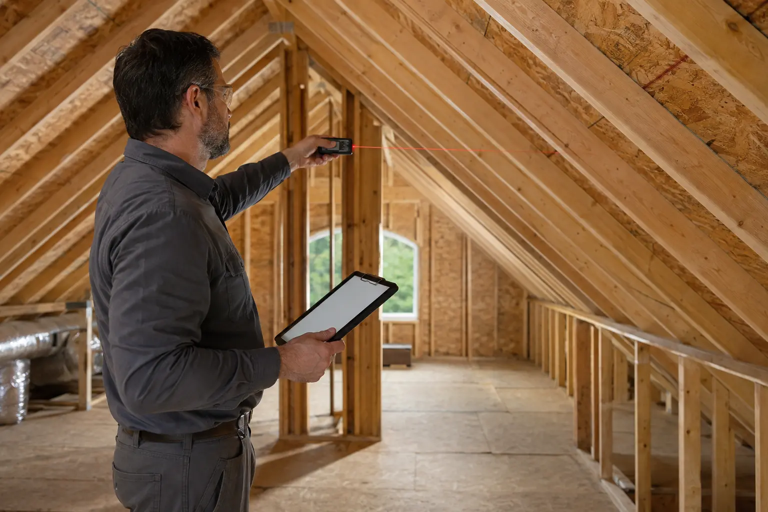 A provider measuring an attic roofline for a spray foam estimate