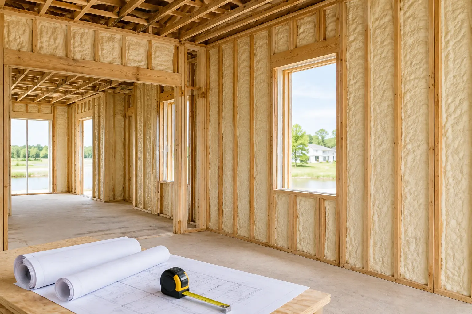 Spray foam insulation in new residential wall framing