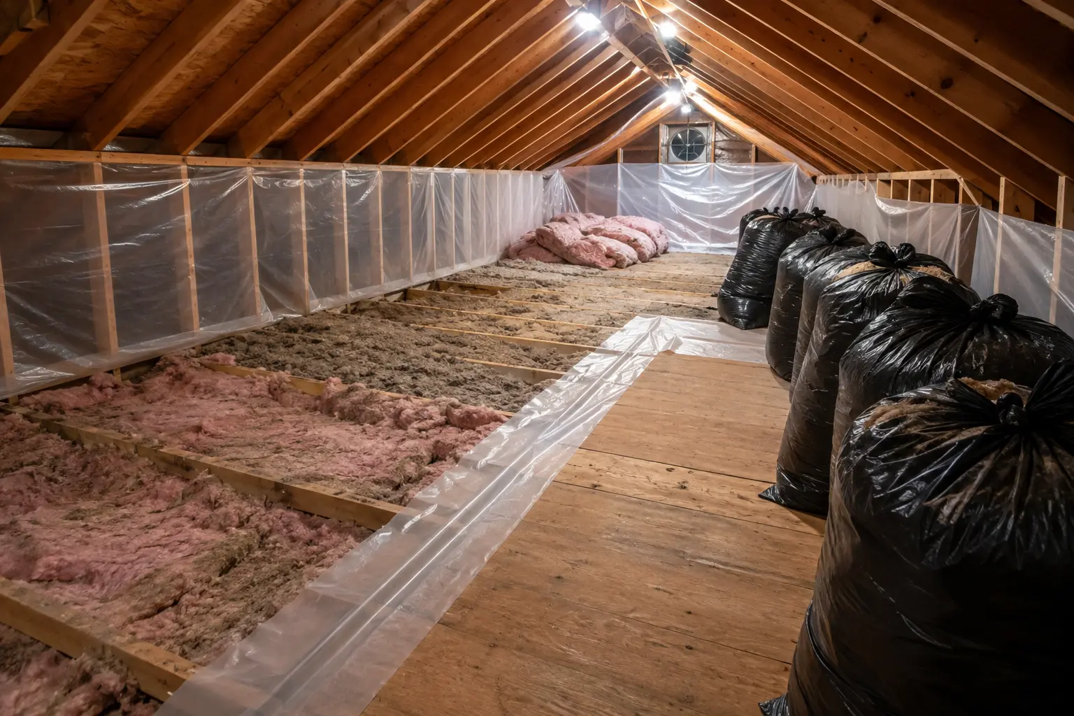Old attic insulation being safely prepared for removal