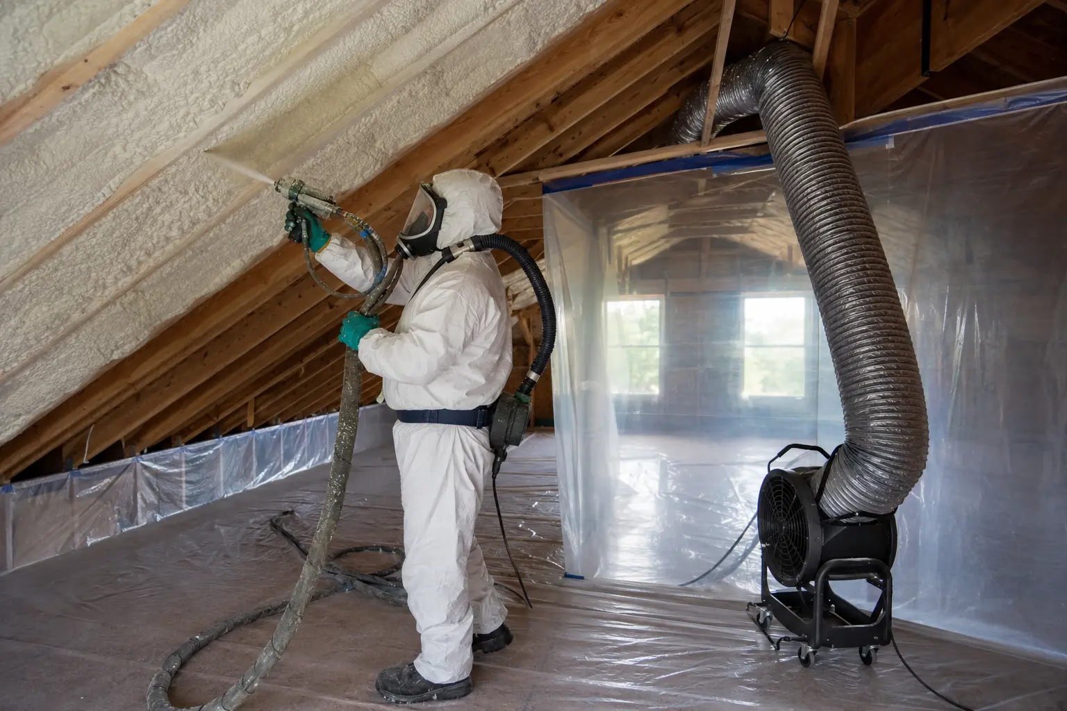 A properly protected applicator spraying foam in a ventilated work area